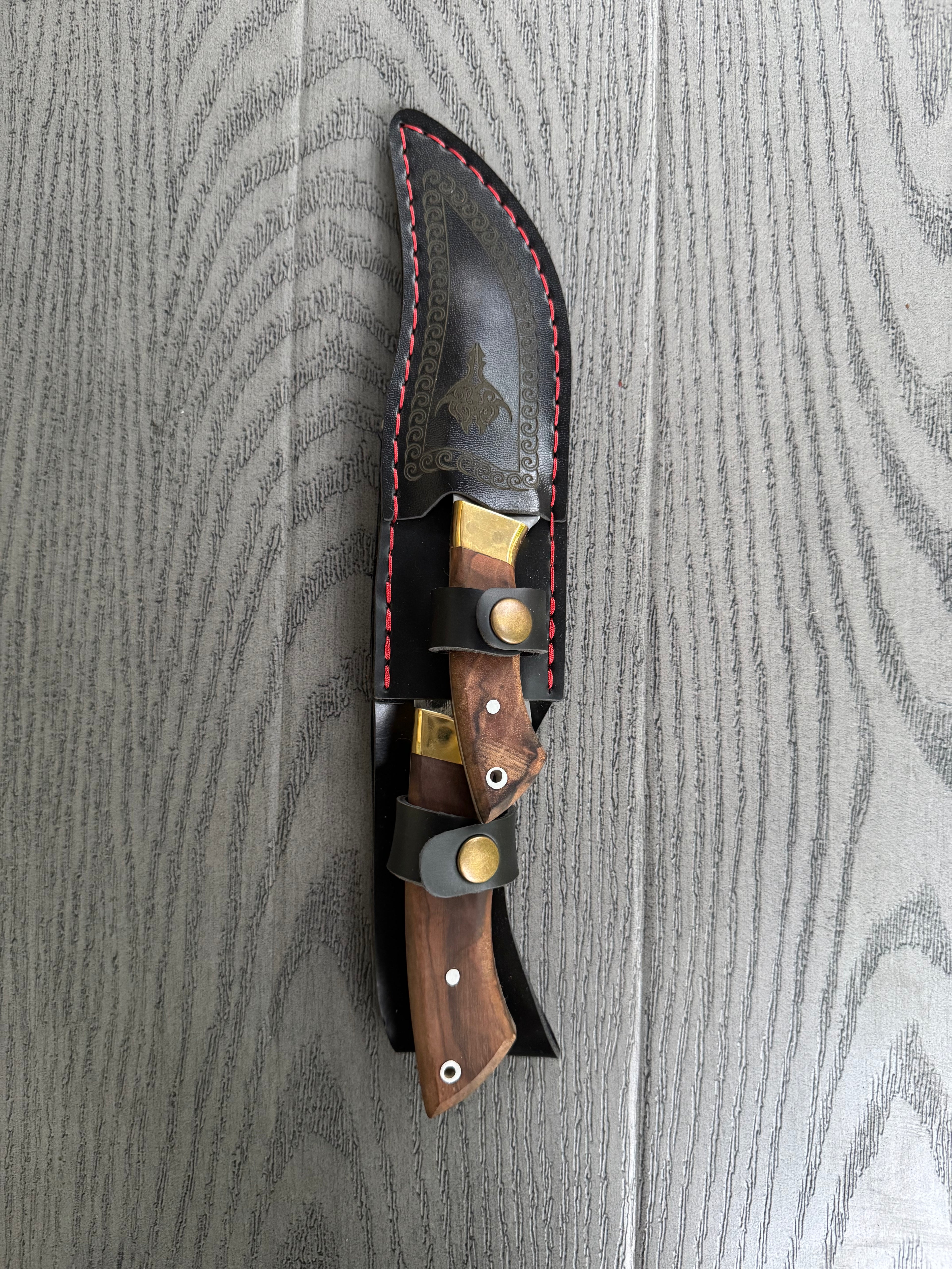Handcrafted Curved Blade Knife Set | Full Tang Hunting Knives with Wood Handles and Leather Sheath | Outdoor Survival Gear