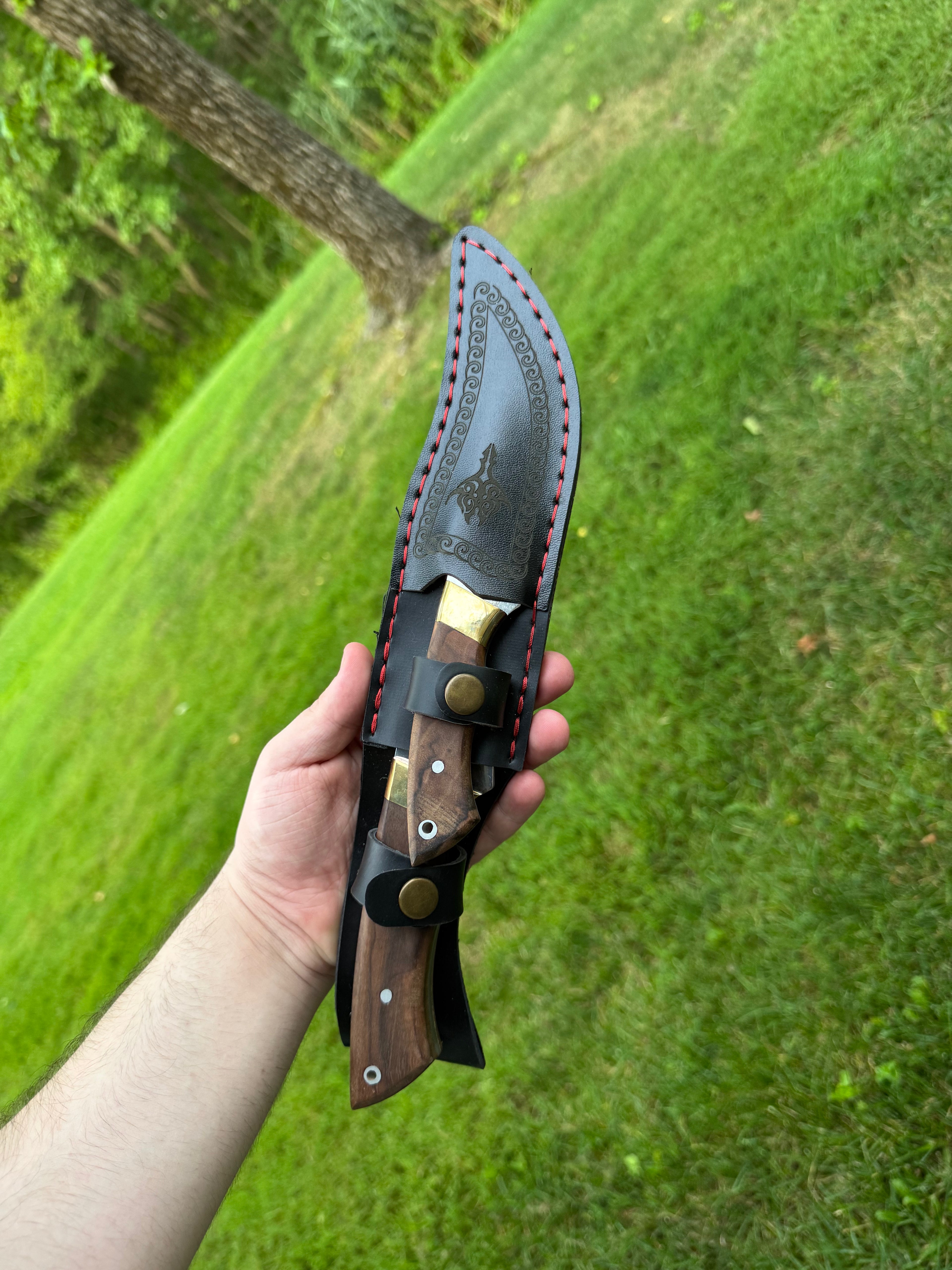 Handcrafted Curved Blade Knife Set | Full Tang Hunting Knives with Wood Handles and Leather Sheath | Outdoor Survival Gear