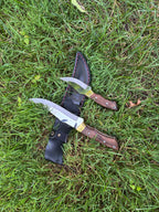 Handcrafted Curved Blade Knife Set | Full Tang Hunting Knives with Wood Handles and Leather Sheath | Outdoor Survival Gear