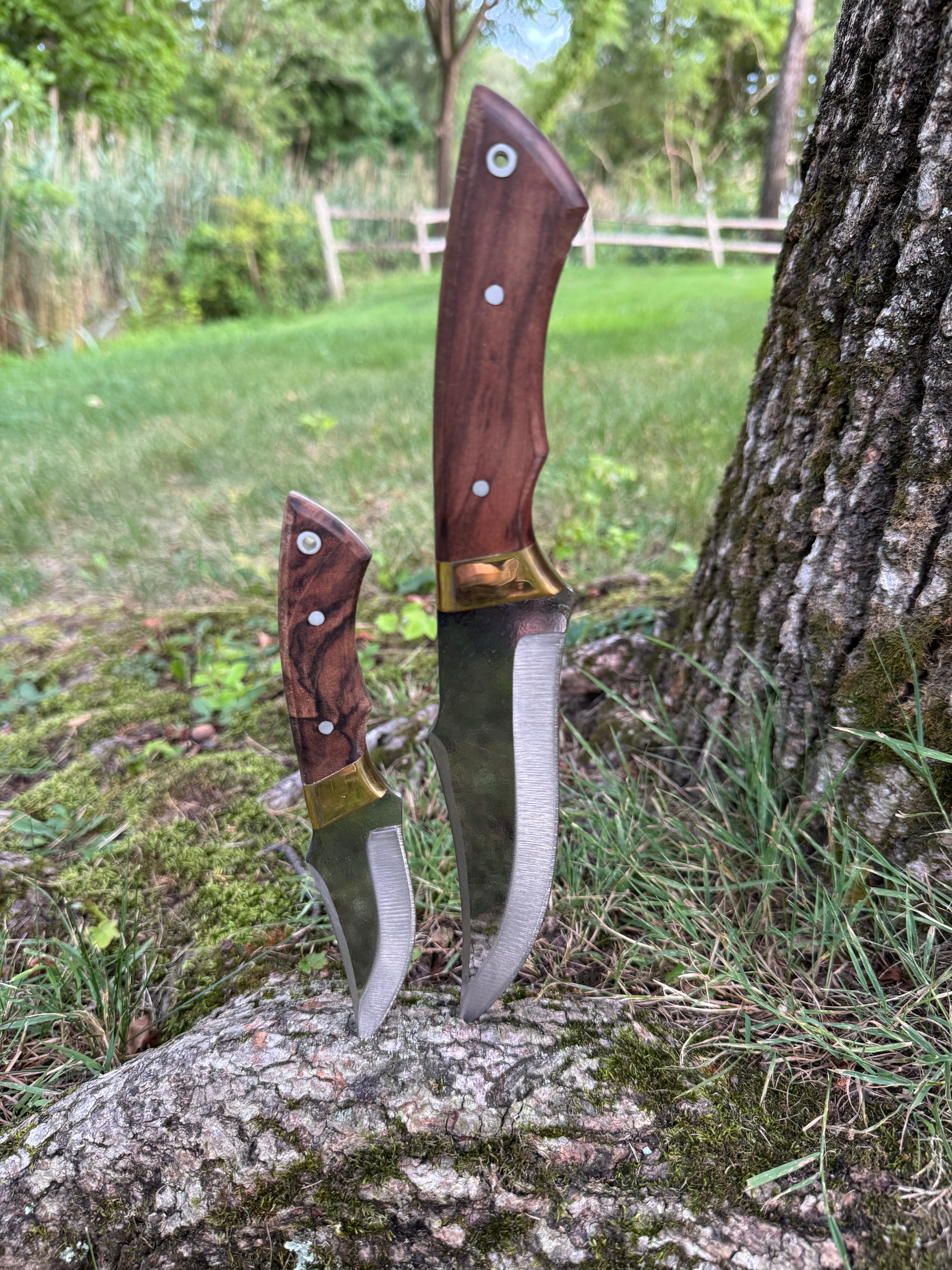 Handcrafted Curved Blade Knife Set | Full Tang Hunting Knives with Wood Handles and Leather Sheath | Outdoor Survival Gear