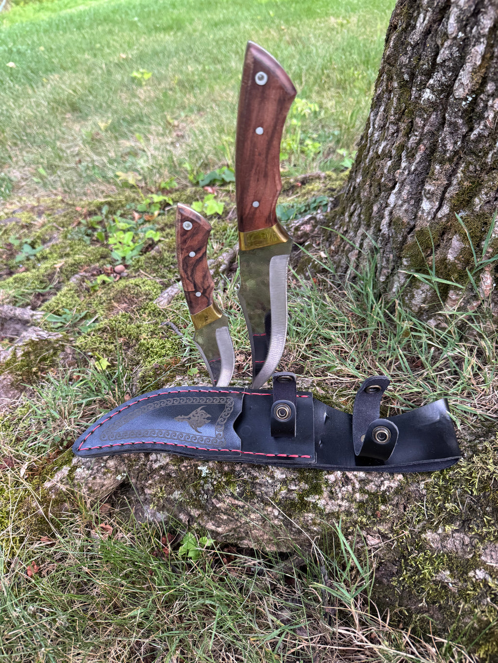 Handcrafted Curved Blade Knife Set | Full Tang Hunting Knives with Wood Handles and Leather Sheath | Outdoor Survival Gear