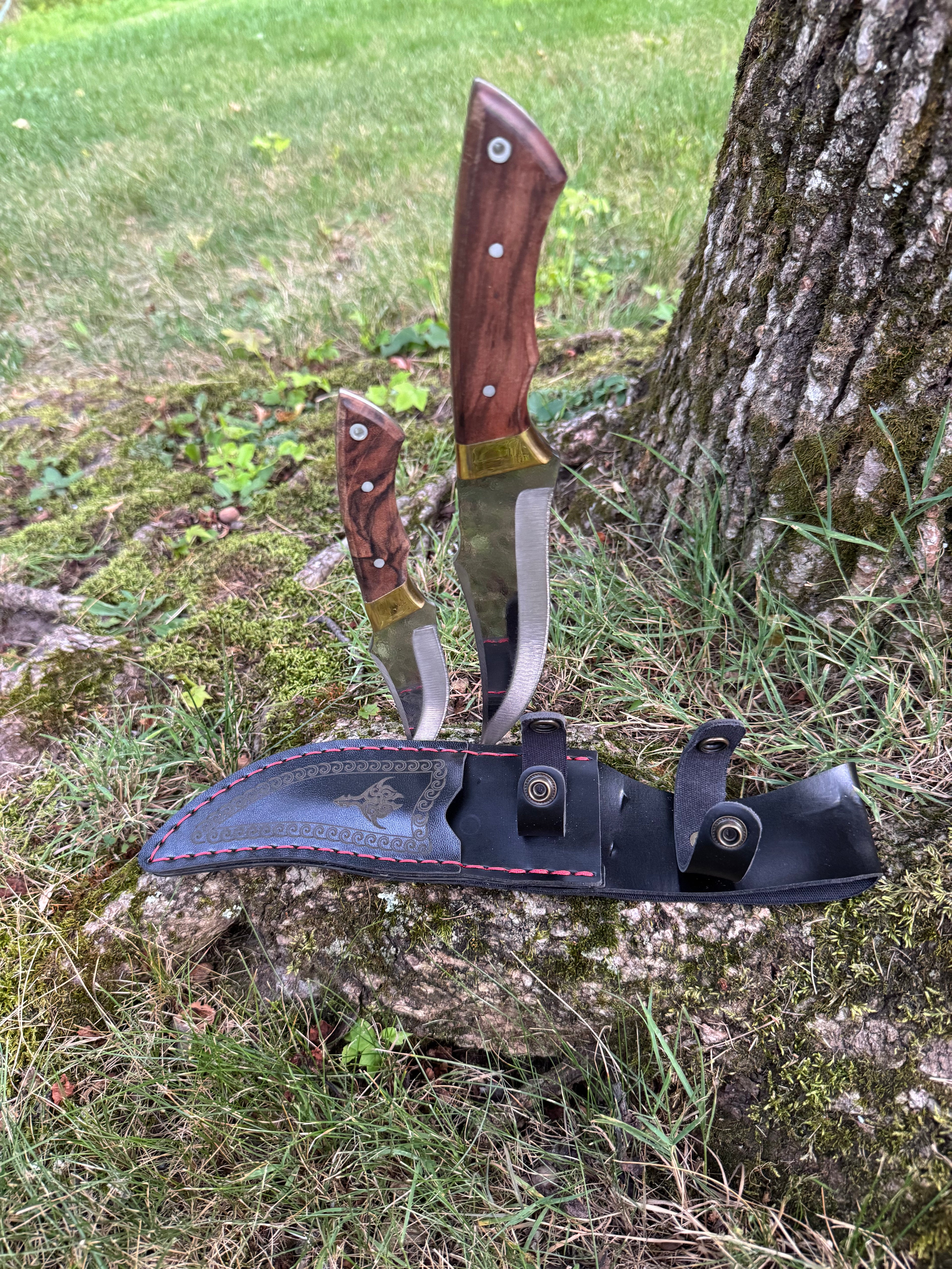 Handcrafted Curved Blade Knife Set | Full Tang Hunting Knives with Wood Handles and Leather Sheath | Outdoor Survival Gear