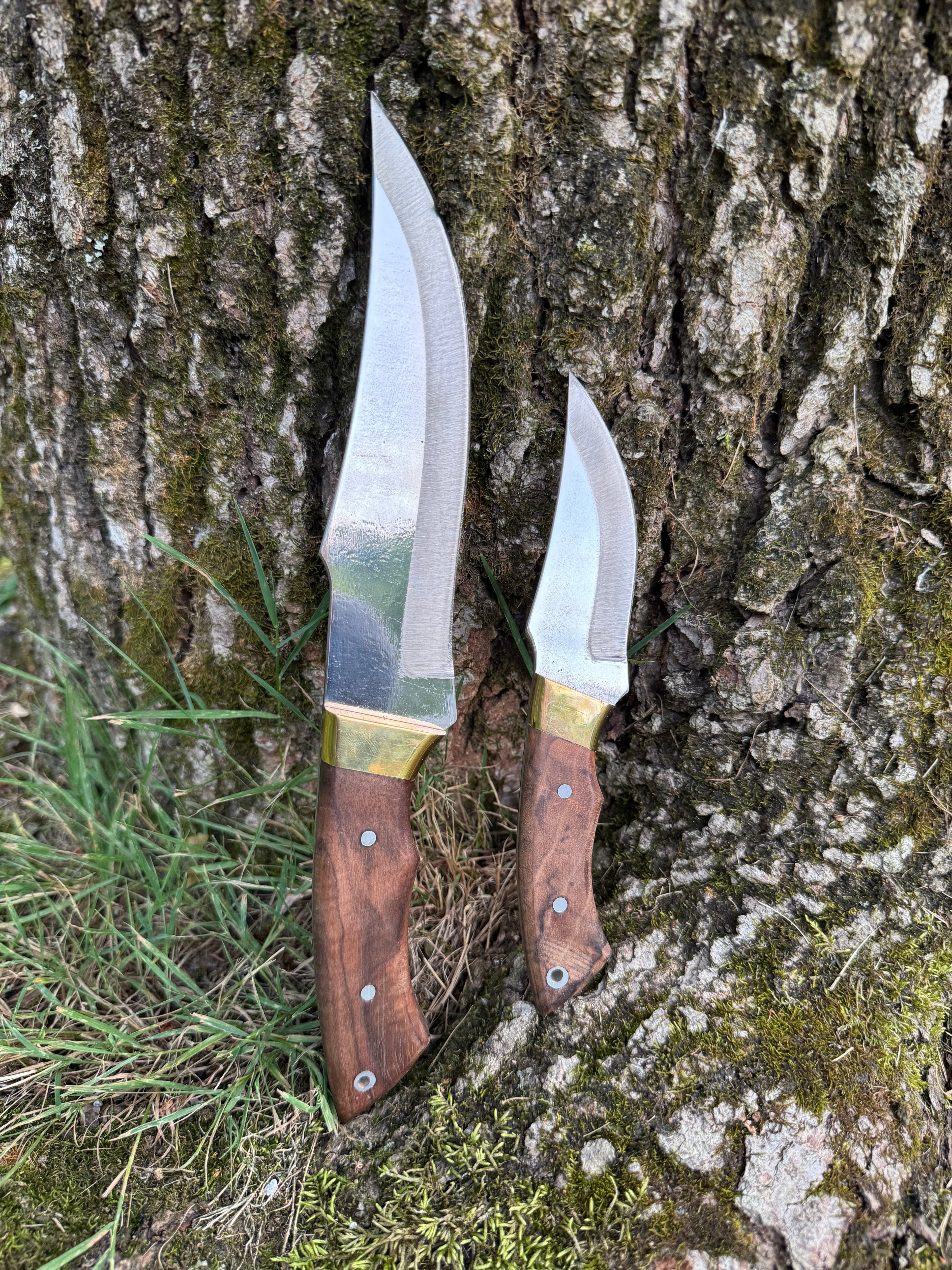 Handcrafted Curved Blade Knife Set | Full Tang Hunting Knives with Wood Handles and Leather Sheath | Outdoor Survival Gear