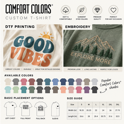 Custom Comfort Colors t-shirt guide showing DTF printing, embroidery designs, shirt color options, print placement locations and size chart.
