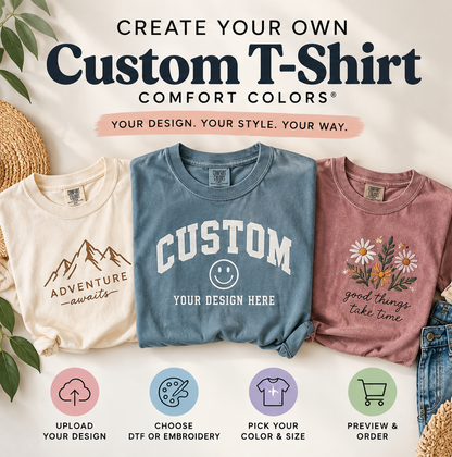 Custom Comfort Colors t-shirts in ivory, blue and pink featuring personalized designs with DTF printing and embroidery options.