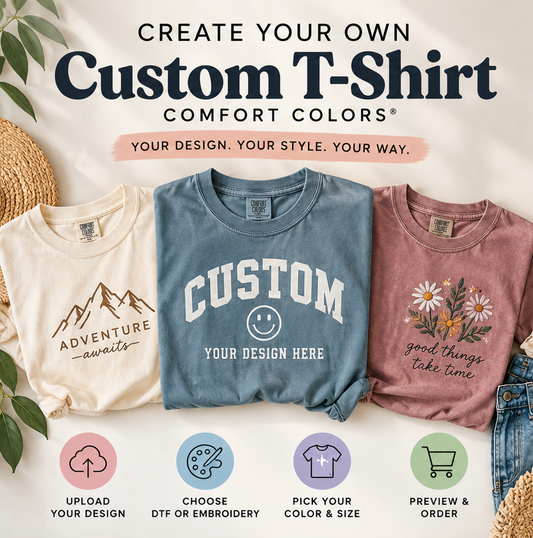 Custom Comfort Colors t-shirts in ivory, blue and pink featuring personalized designs with DTF printing and embroidery options.